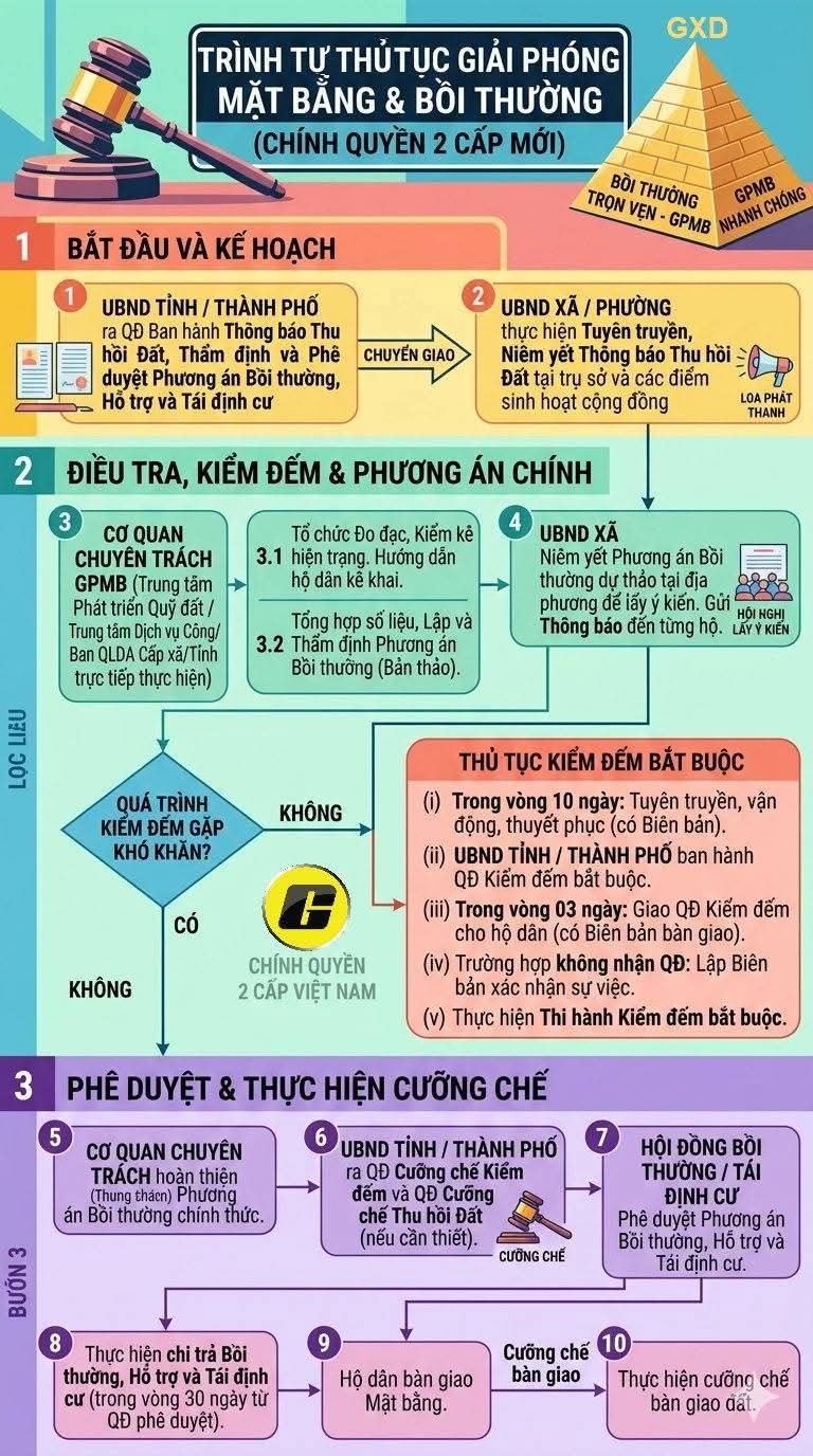 Trình tự thủ tục giải phóng mặt bằng và bồi thường - Chính quyền 2 cấp mới
